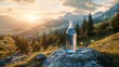 © Honey - Refreshing water bottle on mountain peak at sunset golden hour landscape sky view pure calm blue