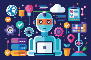 Poster - Colorful illustration of a robot interacting with various technology icons, representing innovation, artificial intelligence, and futuristic concepts in a digital environment.