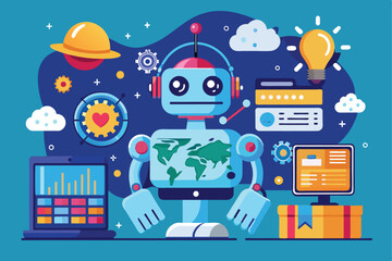 Poster - Illustration of a cheerful robot surrounded by various technological icons, representing innovation, creativity, and future technology in a vibrant style.