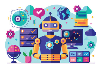 Poster - Vector illustration of a vibrant futuristic robot surrounded by various technology and data elements. Ideal for AI, innovation, and digital transformation concepts.