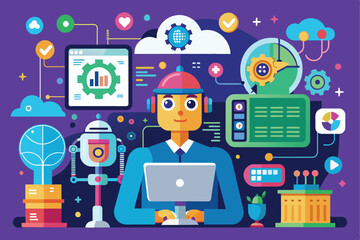 Poster - Vibrant illustration showcasing artificial intelligence themes, technology, and futuristic concepts with robotic and digital elements in a colorful design.