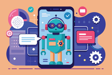 Poster - Illustration of a futuristic robot displayed on a mobile phone screen, showcasing digital interface and technology advancements.