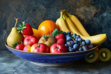 Poster - Stunning Still Life: Vibrant Fresh Fruits in a Colorful Bowl on Dark Background