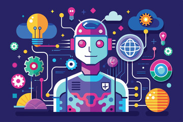 Poster - Vibrant digital artwork depicting a robot with futuristic technology symbols, representing AI advancements and innovation in robotics. Ideal for tech-related themes and modern design concepts.
