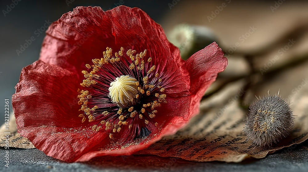 Red Poppy Flower Close-up with Seed Pod on Old Paper Stock Illustration ...