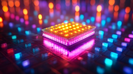 Poster - A glowing microchip with colorful lights on a reflective surface
