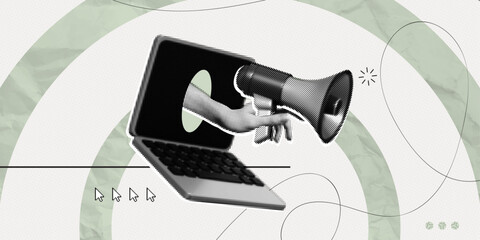 Trendy Halftone Collage Online announce. Hand holding megaphone out of laptop screen. Pop art design loudspeaker. Social media news, promotion and propaganda. Contemporary vector illustration art