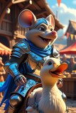 Brave knight mouse riding duck in medieval town sunny day vibrant colors detailed armor