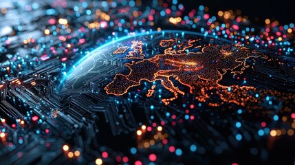 Poster - Digital globe with a focus on Europe, showcasing intricate circuits and glowing lights.