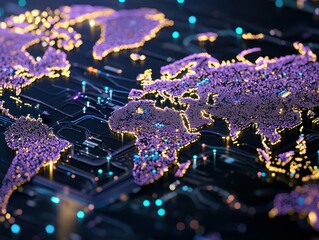 Poster - A vibrant digital world map illuminated with purple and blue lights.