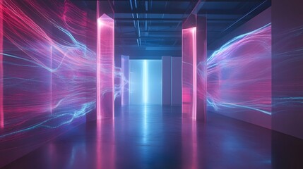 Poster - A futuristic room with neon lights and abstract patterns