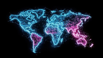 Poster - Abstract digital world map with neon blue and pink network connections.