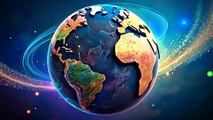 Wall Mural - colorful rotating globe with glowing particles and swirling lines.