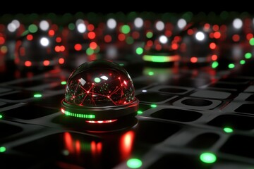 Fototapete - Futuristic network grid with glowing orbs displaying red and green light patterns in a dark setting