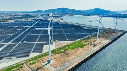 Poster - 風力と太陽光のハイブリッド発電所の風景空撮