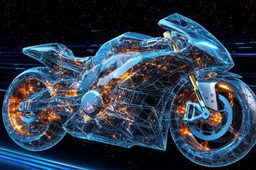 Poster - A futuristic motorcycle design, composed of glowing lines and digital elements, representing advanced technology and innovation in transportation.
