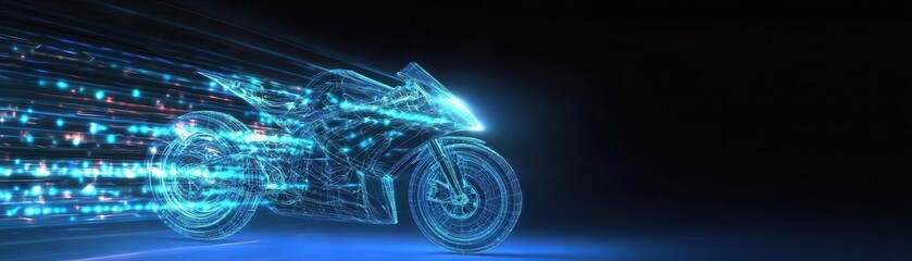 Poster - A futuristic motorcycle depicted with glowing, digital elements, showcasing speed and advanced technology against a dark backdrop.