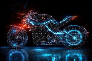 Poster - A futuristic motorcycle design illuminated with neon lights against a dark background, showcasing a blend of technology and artistry.