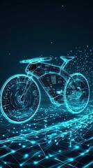 Fototapete - A futuristic digital illustration of a bicycle, featuring glowing lines and geometric patterns against a dark background.