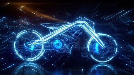 Poster - A futuristic motorcycle depicted with glowing, digital lines against a dark background, suggesting speed and advanced technology.