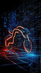Fototapete - A futuristic motorcycle illuminated with neon lines, set against a digital backdrop of glowing circuits and patterns, suggesting speed and advanced technology.
