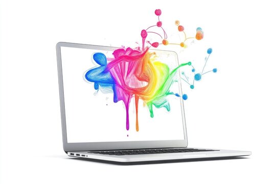 Rainbow paint splash erupting from a laptop screen, symbolizing creativity and digital art.