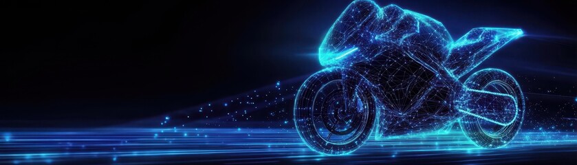 Fototapete - A futuristic representation of a motorcycle depicted in glowing blue lines against a dark background, suggesting speed and technology.