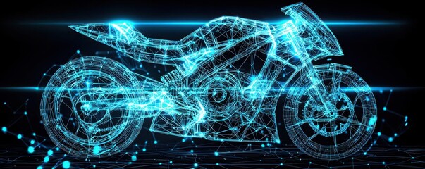 Poster - A futuristic digital representation of a motorcycle, composed of glowing lines and nodes, showcasing advanced technology and design.