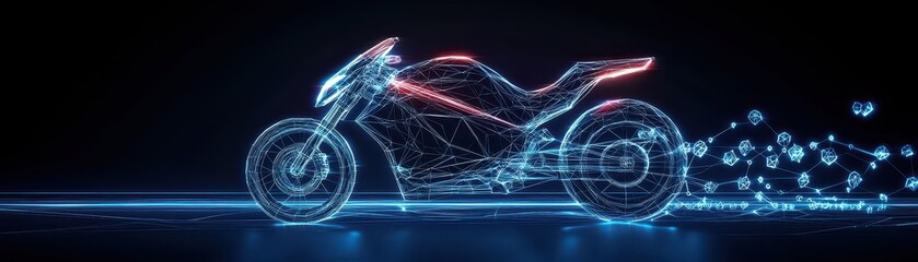 Poster - A futuristic electric motorcycle rendered in glowing lines and particles, symbolizing speed and technology against a dark backdrop.