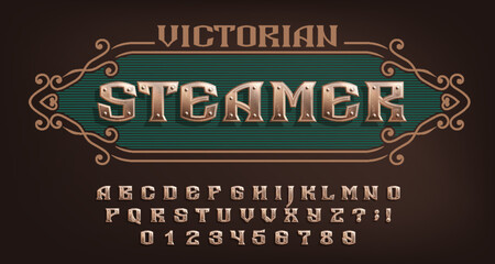 Fototapete - Victorian Steamer alphabet font. Riveted vintage letters and numbers. Stock vector typescript for your design.