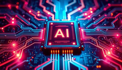 Poster - AI microchip glowing with vibrant light beams; futuristic technology banner, technology, electronics