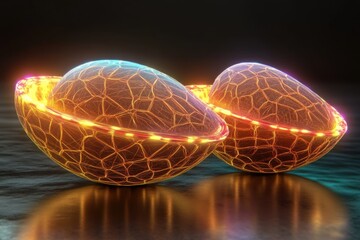 Poster - Intricate glowing orbs with a network pattern on a reflective surface at night