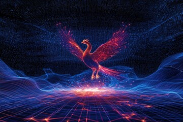 Poster - A vibrant, digital phoenix rises amidst flowing waves of light, symbolizing rebirth and transformation in a futuristic landscape.
