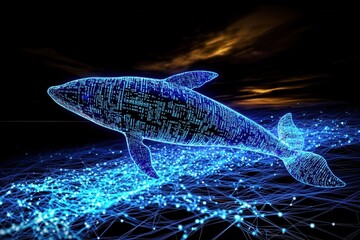 Fototapete - A glowing, digital whale swims through a network of blue lines, blending marine life with technology in a stunning, abstract representation.
