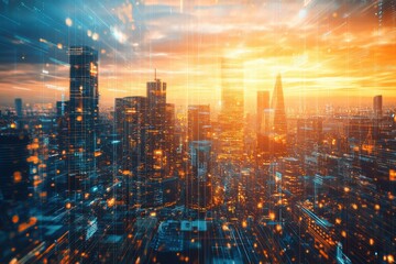Poster - Vibrant sunset view over a bustling city skyline with glowing lights and modern architecture