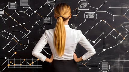Poster - Businesswoman analyzing data trends office digital graphics professional environment rear view business growth