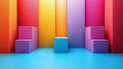 Poster - Geometric Abstraction with Vibrant Cubes and Rectangular Forms on a Blue Ground, Displaying a Bold Color Palette and Modern Artistic Presentation