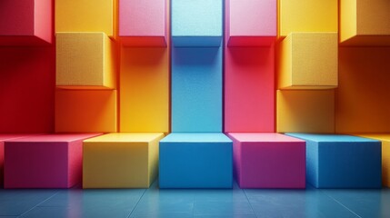 Poster - Vibrant Arrangement of Geometric Cubes in a Colorful Display Creating a Visual Architectural Illusion