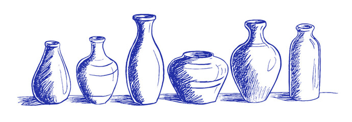 Poster - Curved vases displayed in a whimsical chalk doodle representing Mediterranean coquette elements in linear design