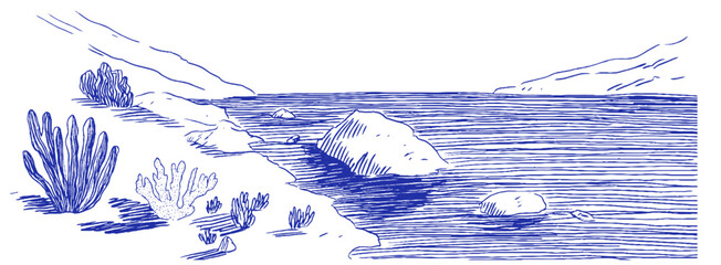 Poster - Coquette Mediterranean shoreline featuring whimsical doodles and linear elements showcasing the beauty of nature