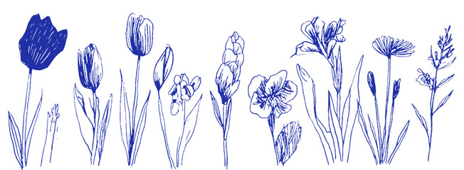Poster - Whimsical spring flowers in chalk and crayon, embodying Mediterranean charm with linear doodles