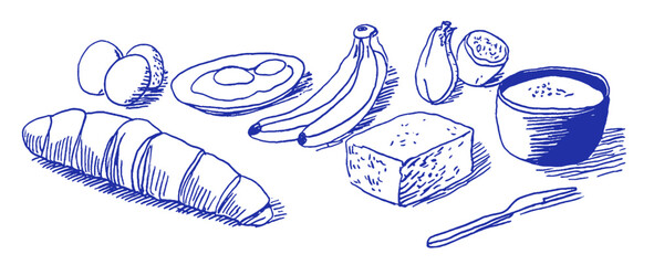 Poster - Delightful breakfast spread featuring eggs, bananas, and bread in a whimsical Mediterranean style