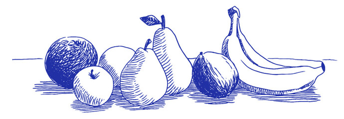 Poster - Fruit arrangement in whimsical doodle style, showcasing Mediterranean elements with odd linear details created using crayon and chalk techniques