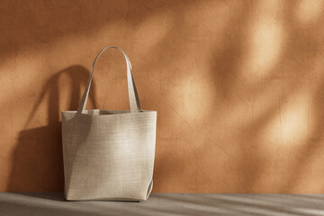 Poster - White Textile Tote Bag for Shopping with Handles on Textured Warm Wall Background with Sunlight and Soft Shadows. 3d Rendering