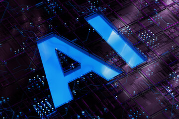 Poster - AI Concept. Artificial intelligence Circuit Board Scheme. 3d Rendering