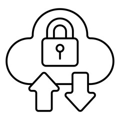 Fototapete - Cloud with padlock and arrows thin line icon, data protection concept. Vector graphics. Secure uploading, network sign on white background, linear style for mobile or design.