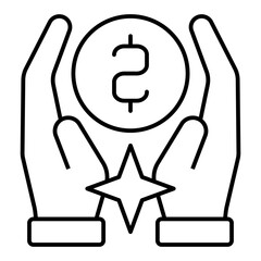 Poster - Hands hold coin thin line icon, bank account concept. Vector graphics. Money coin and hands, banking sign on white background, linear style for mobile or design.