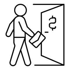 Fototapete - Man with briefcase at door thin line icon, bank account concept. Vector graphics. Bank client with portfolio, visitor sign on white background, linear style for mobile or design.