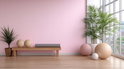 Poster - serene minimalist yoga studio featuring pink wall, wooden bench, and various decorative spheres. space is enhanced by lush greenery, creating calming atmosphere for relaxation and practice