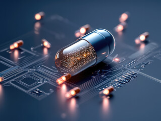 Poster - futuristic capsule rests circuit board, illuminated by glowing lights, symbolizing innovation technology and healthcare. blend of digital and physical elements evokes sense of advancement